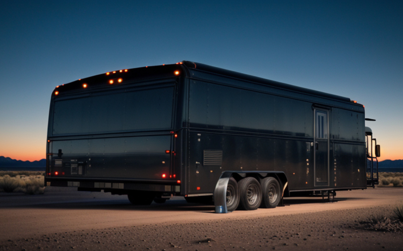 Mobile sanctuary vehicle at dusk on an open desert road for Church of Bass.